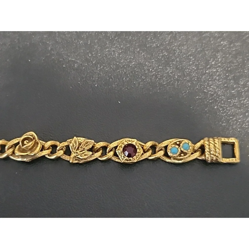 Vintage Goldette NY‎ Gold Tone Charm Bracelet Faux Gem Victorian Revival Signed